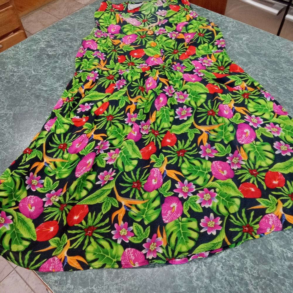 VTG USA Dressing Clio 100% Rayon Babydoll Dress Medium Tropical Lagenlook Pocket
